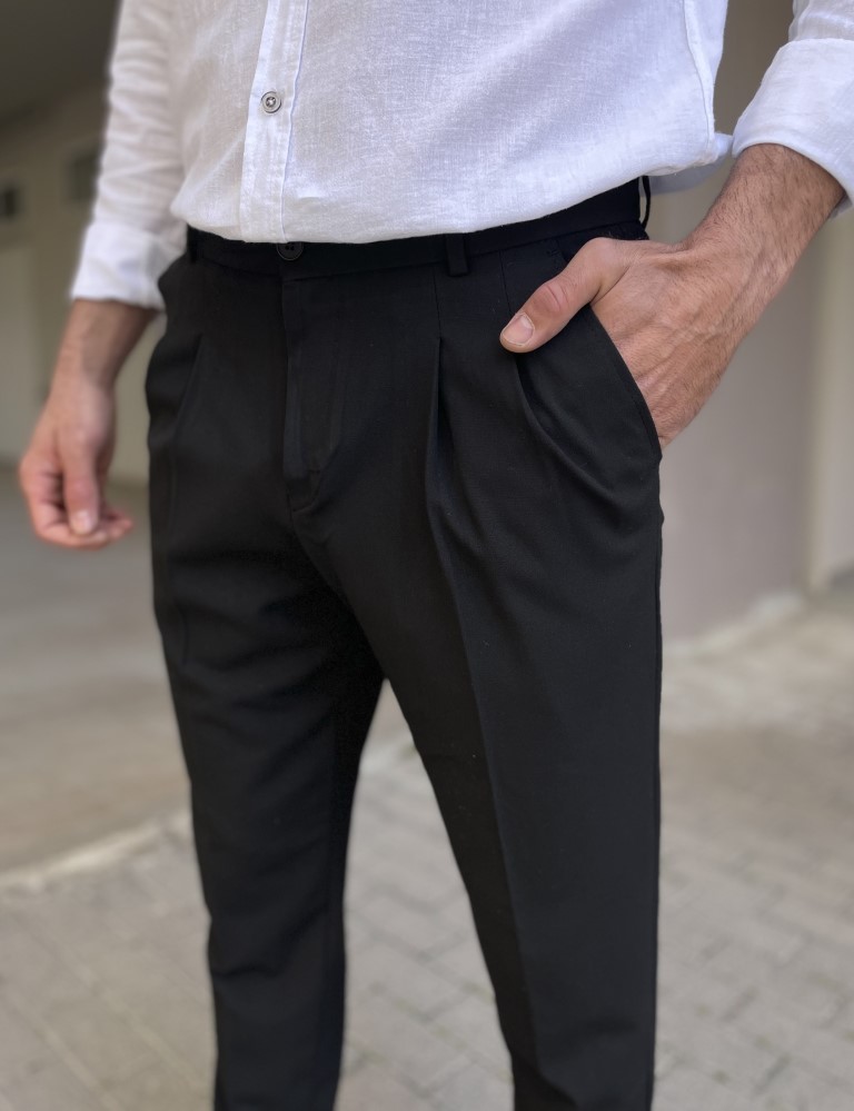 Ανδρικό μαύρο υφασμάτινο παντελόνι με πιέτες και λάστιχο στην μέση FCL00495 φωτογραφία